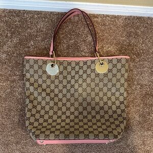 Gucci Beige GG Canvas Tote with Pink Trim and Gold Accents